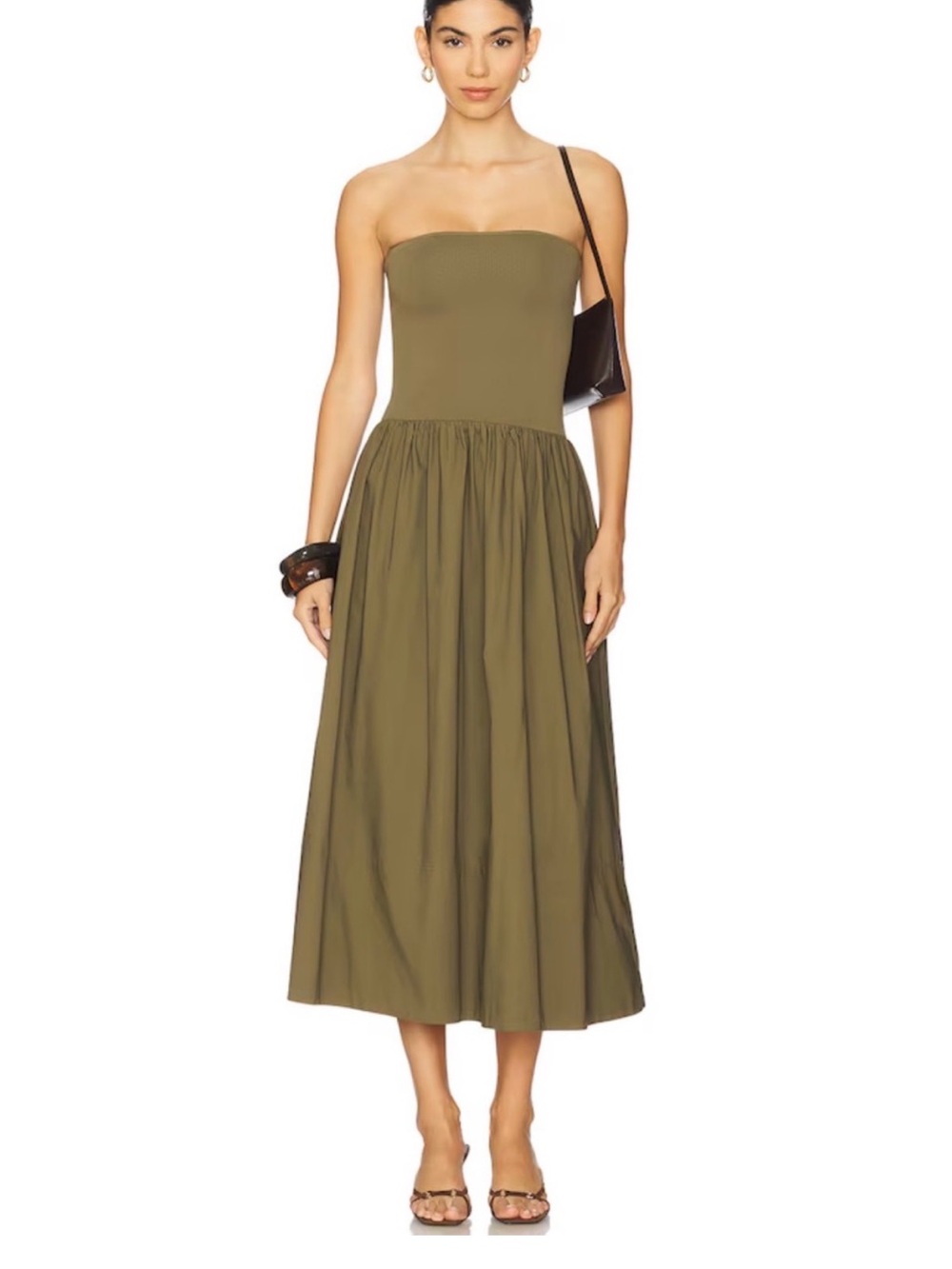 Pistola Strapless Olive Green Midi Dress with Pockets